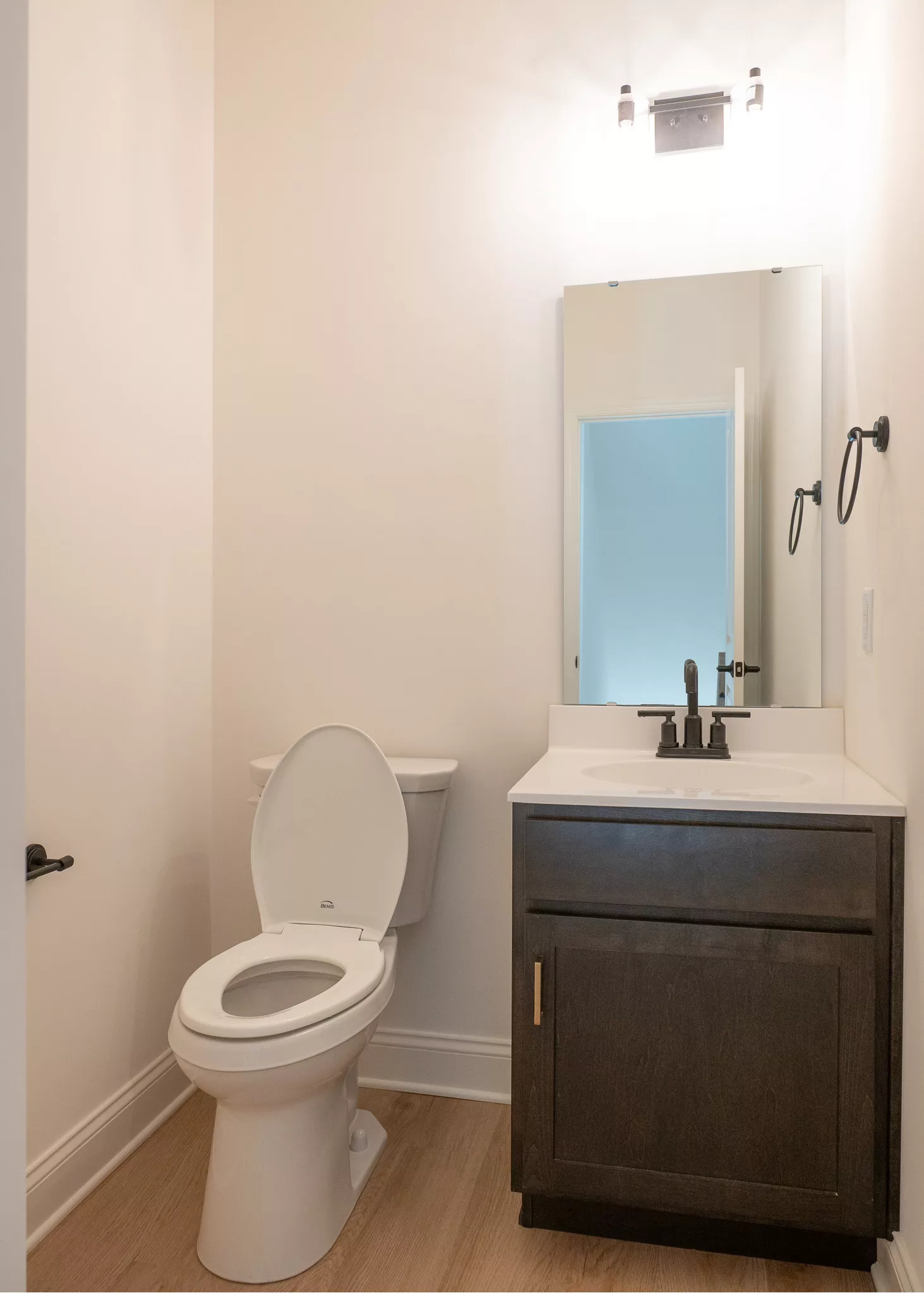 A simple bathroom with a toilet, open lid, dark wood vanity with sink, rectangular mirror, and wall-mounted light fixture above. The walls are light-colored and the floor is light wood. Towel rings are mounted on each side.