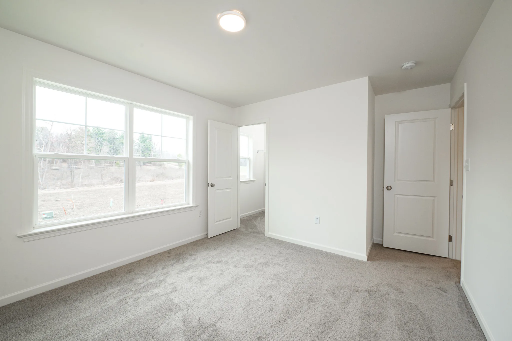 A bright, empty room with light gray carpet, white walls, a large window on the left letting in natural light, and two white doors on the right, one open showing an adjacent room.