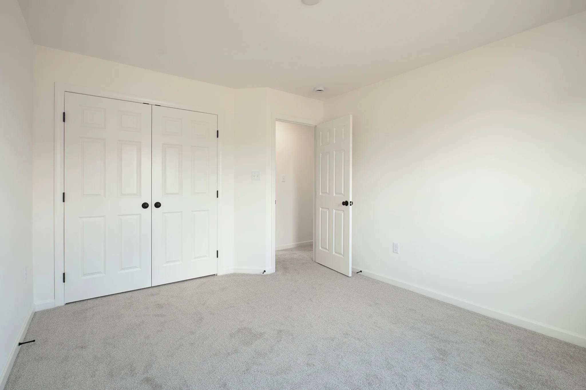 Empty bedroom with white walls, light gray carpet, double-door closet on the left, a single door open to a hallway, and minimal natural light.