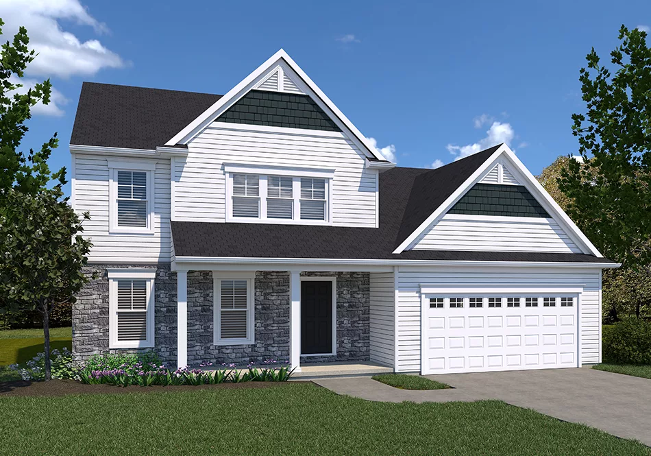 A two-story suburban house with white siding, dark green gables, stone accents, and a double garage. The front yard has a flower bed and lawn, with trees and a clear blue sky in the background.