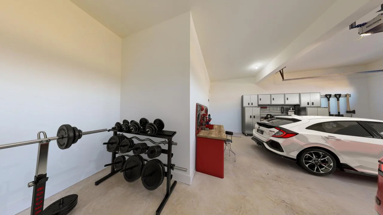 A white car in a garage.