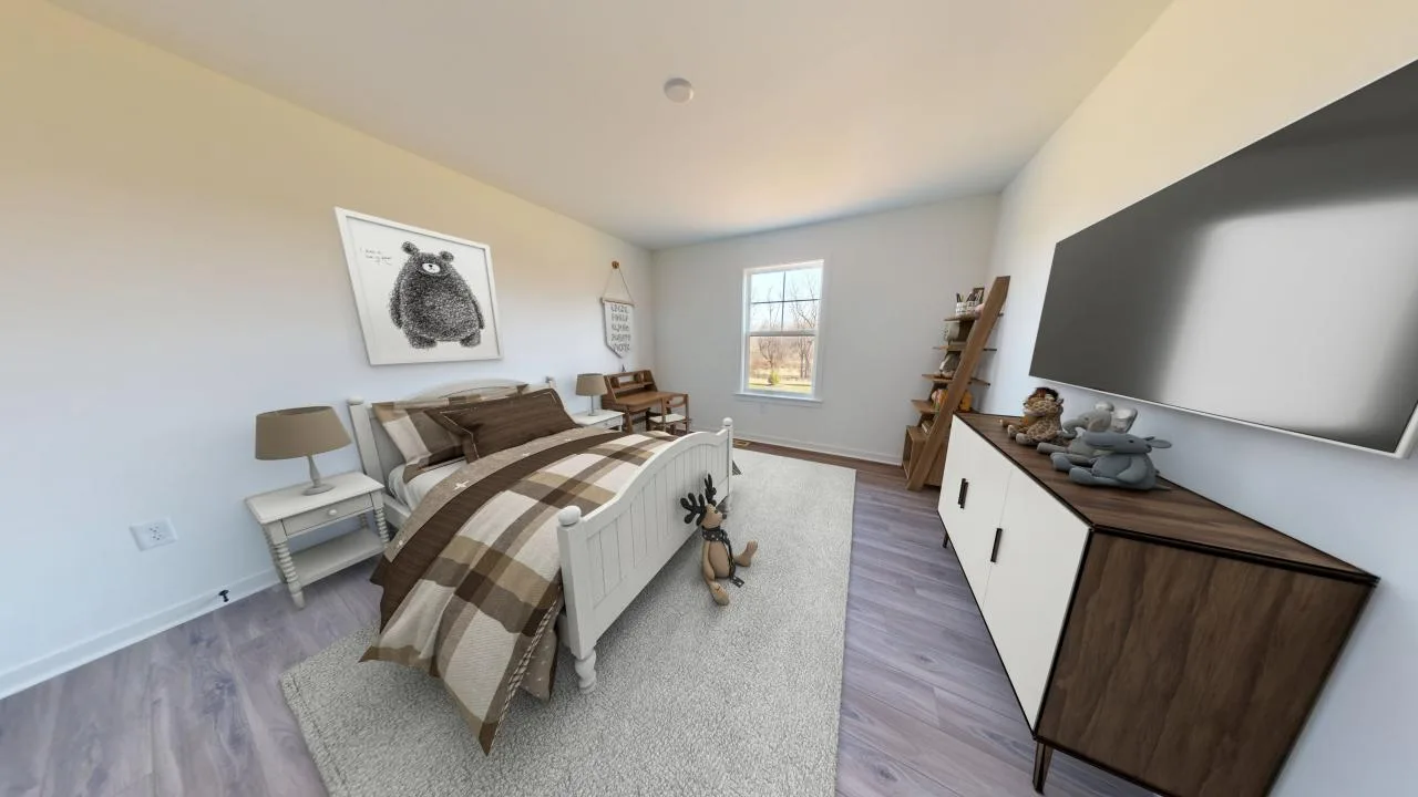 A cozy bedroom with a bed covered in plaid brown and beige bedding, a nightstand, a dresser with plush toys, a large wall-mounted TV, a window, and a wall art of a sheep. A bookshelf stands in the corner.