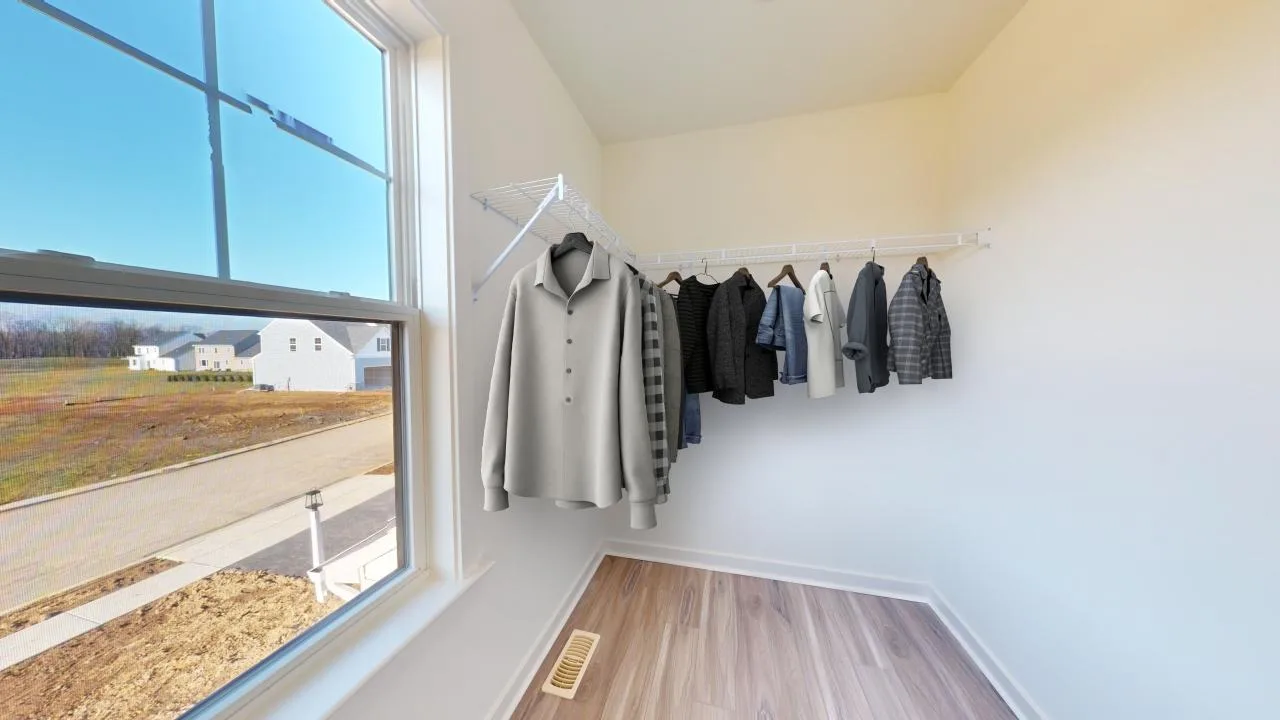 A bright, empty walk-in closet with light wood flooring; a few men’s shirts hang on a white wire rack. Sunlight streams in through a large window, showing a view of a suburban street and houses outside.