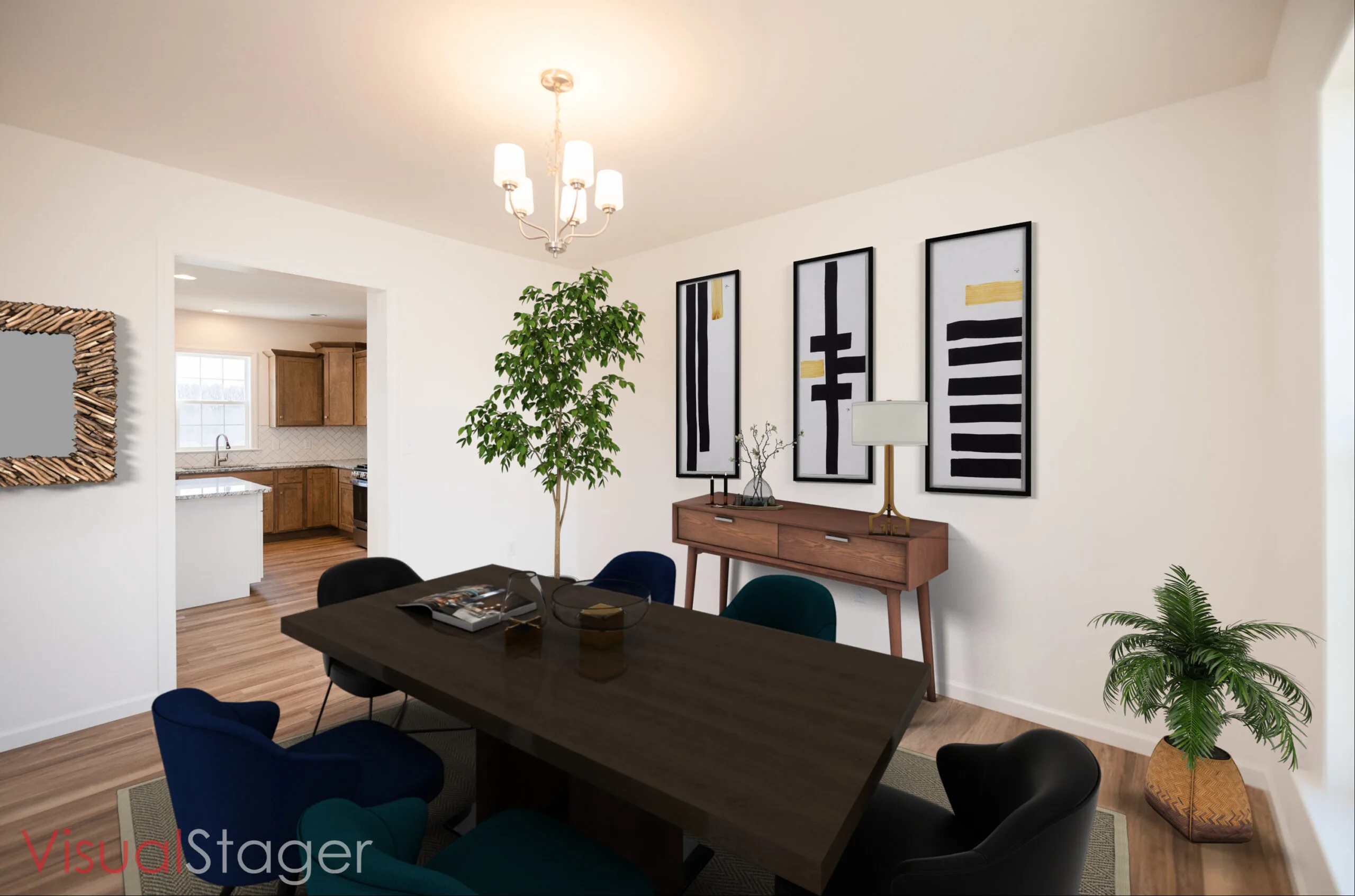 A modern dining room with a dark wood table, six colorful chairs, a sideboard with abstract art above it, a chandelier, plants, and a view into a kitchen with wood cabinets and white countertops.
