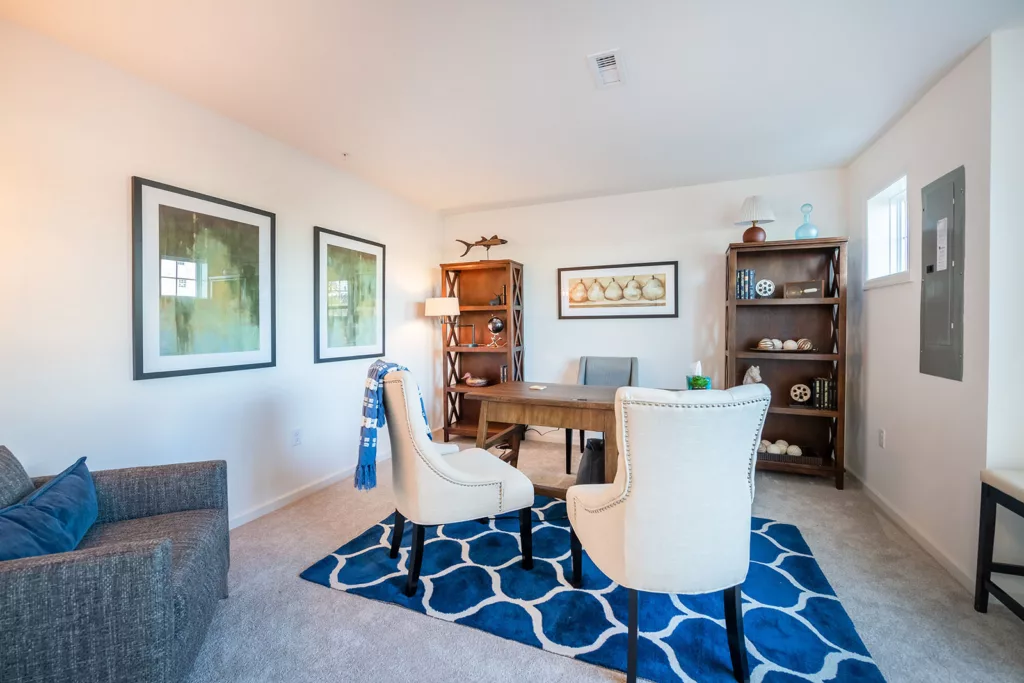 A bright home office with two white chairs, a wooden desk, a gray armchair, and wooden bookshelves on beige carpet. Blue and white rug, framed wall art, and decorative items create a cozy, modern feel.