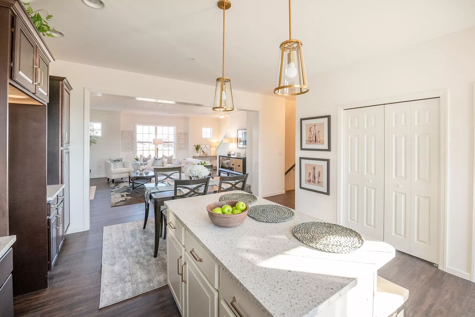 Bright, modern kitchen with pendant lights, a white island countertop set with green apples and place mats, dark wood cabinets, and an open view into a sunlit living area with sofas and wall art.