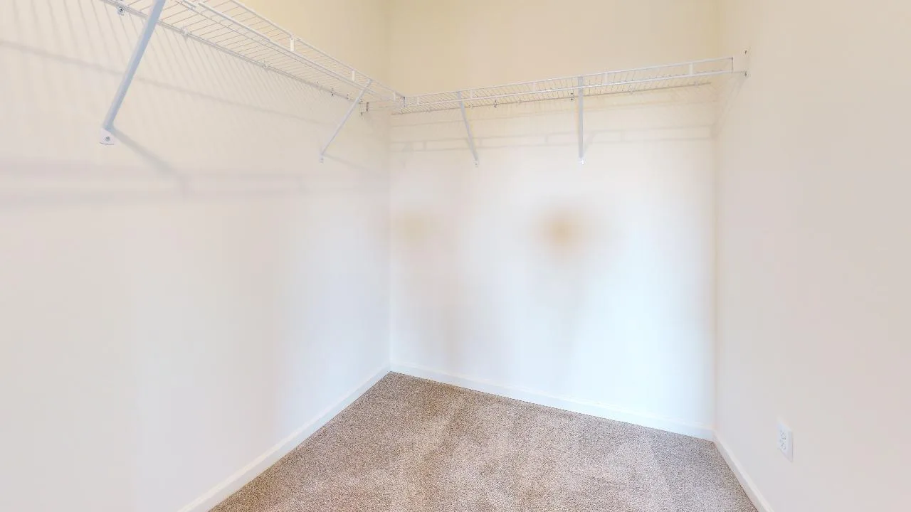 Empty walk-in closet with beige carpet, white walls, and white wire shelving on two sides. The closet is well-lit and spacious, with no items stored on the shelves or floor.