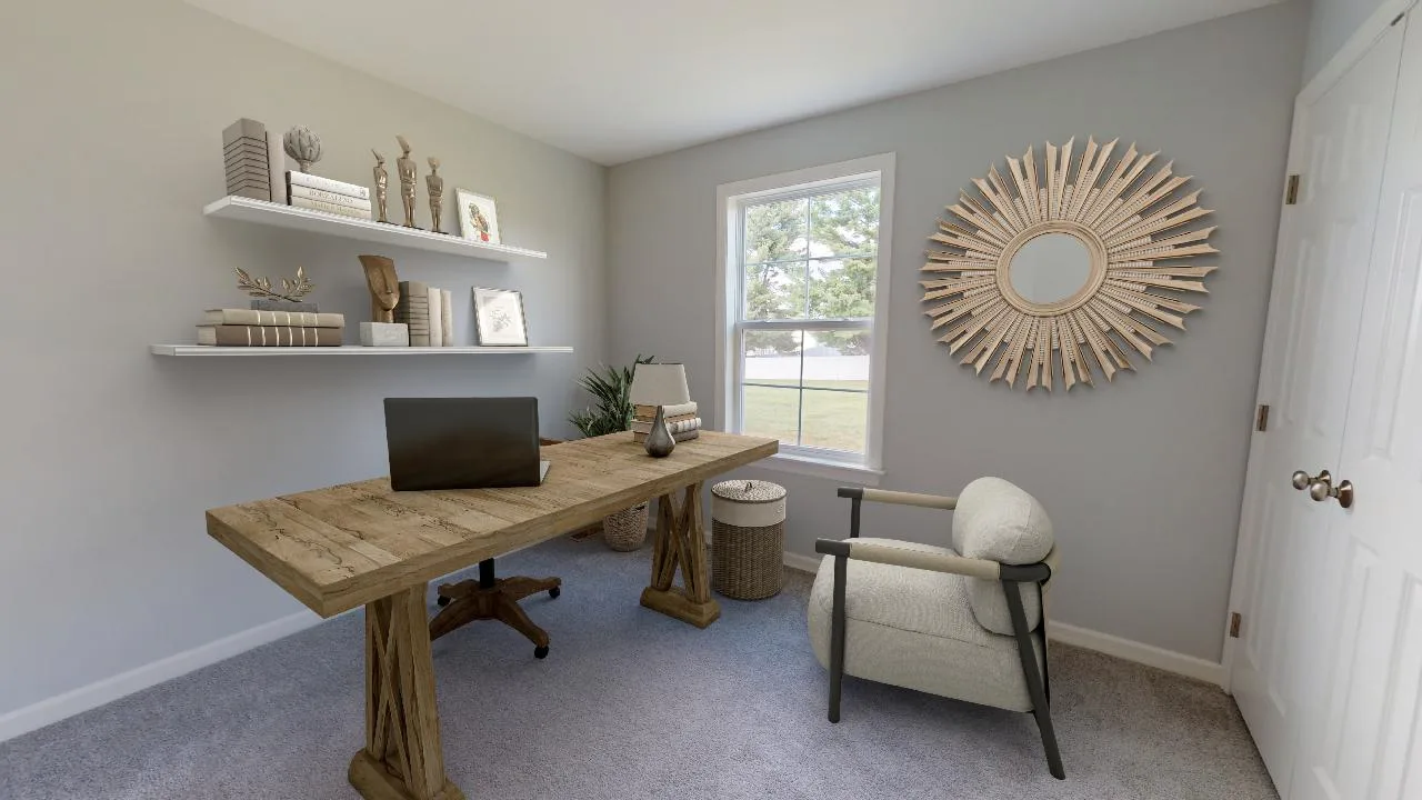 A home office with a rustic wooden desk, a laptop, an armchair, wall shelves with books and decor, a round sunburst mirror, a potted plant, and a window letting in natural light.