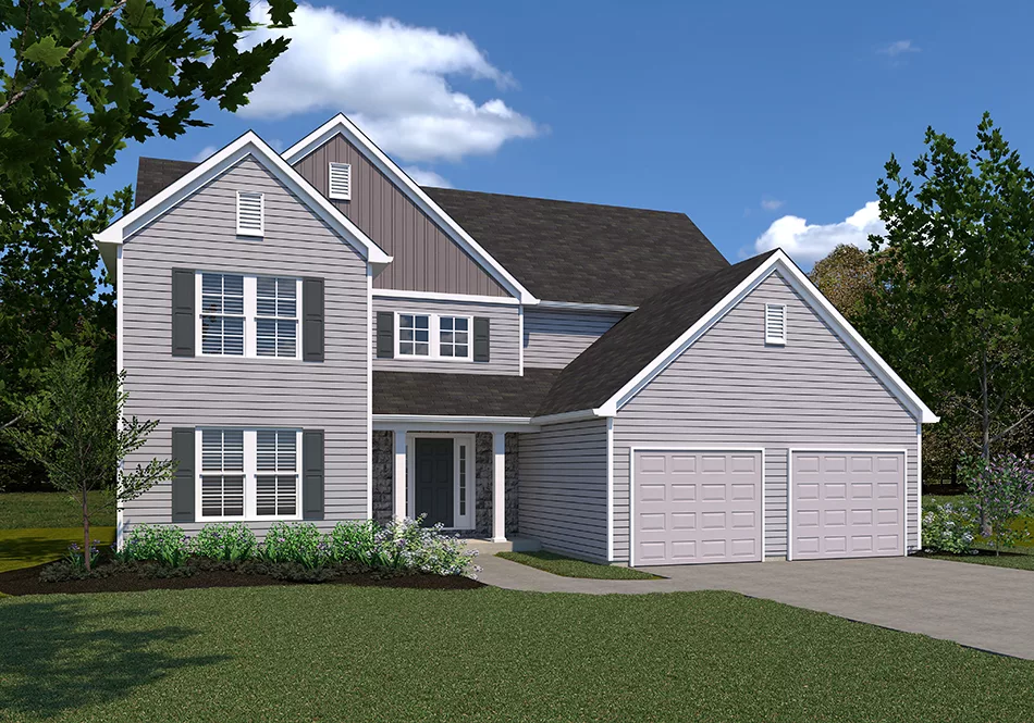 A two-story suburban house with gray siding, white trim, and a double garage. The front yard has green shrubs, a manicured lawn, and trees surrounding the property under a partly cloudy sky.