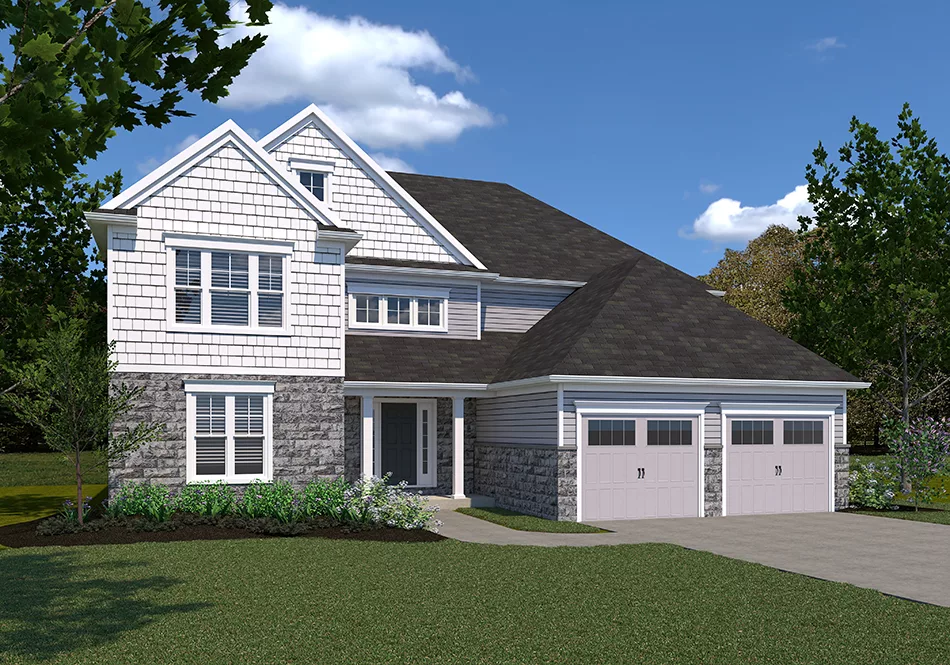 Two-story suburban house with gray siding, stone accents, white trim, and a dark roof. The home has a double garage, manicured lawn, shrubs, and is surrounded by green trees under a partly cloudy sky.