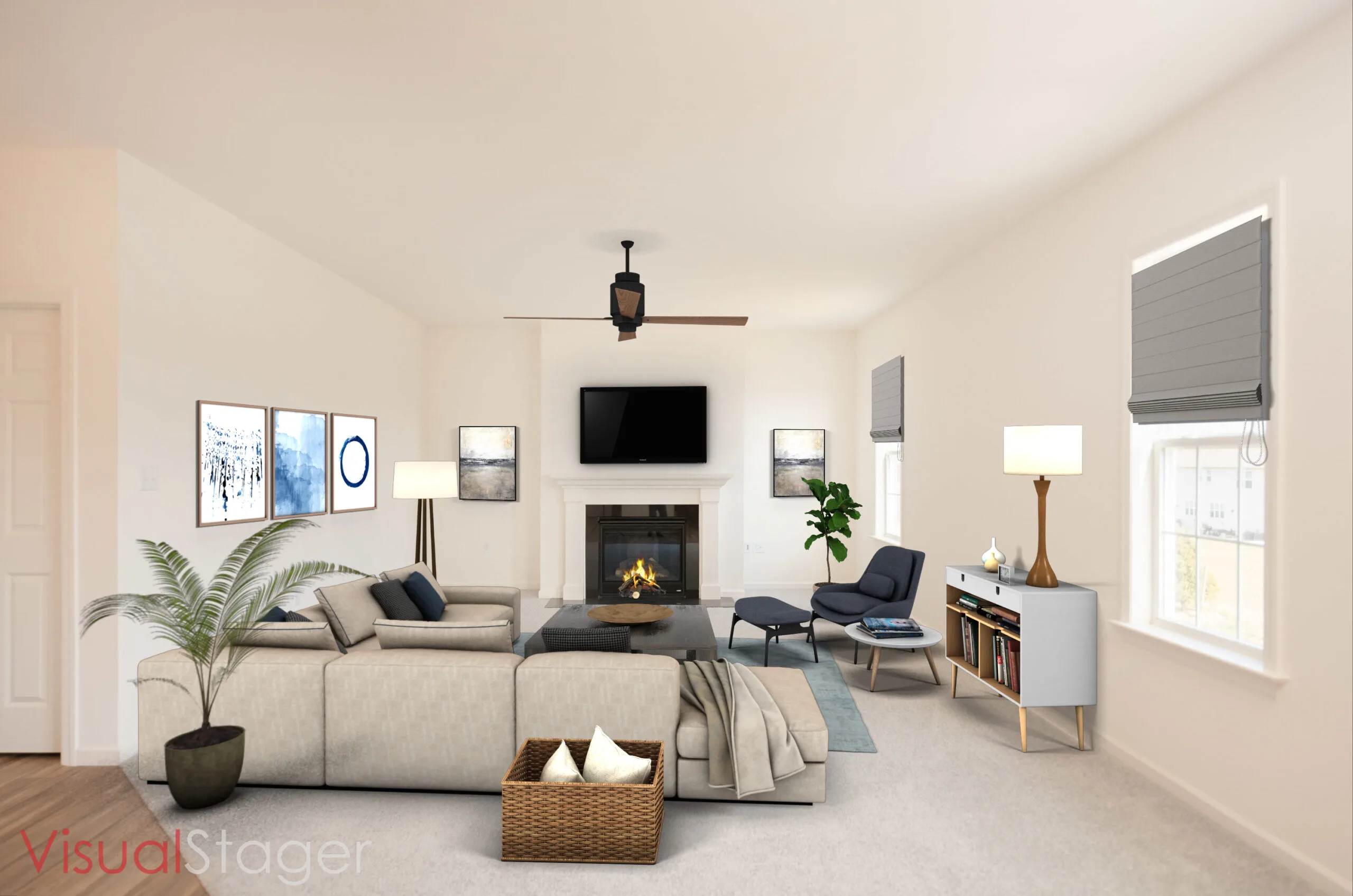 A modern living room with a light sectional sofa, fireplace, wall-mounted TV, art on the walls, a basket with blankets, a plant, a chair with a footrest, and large windows letting in natural light.