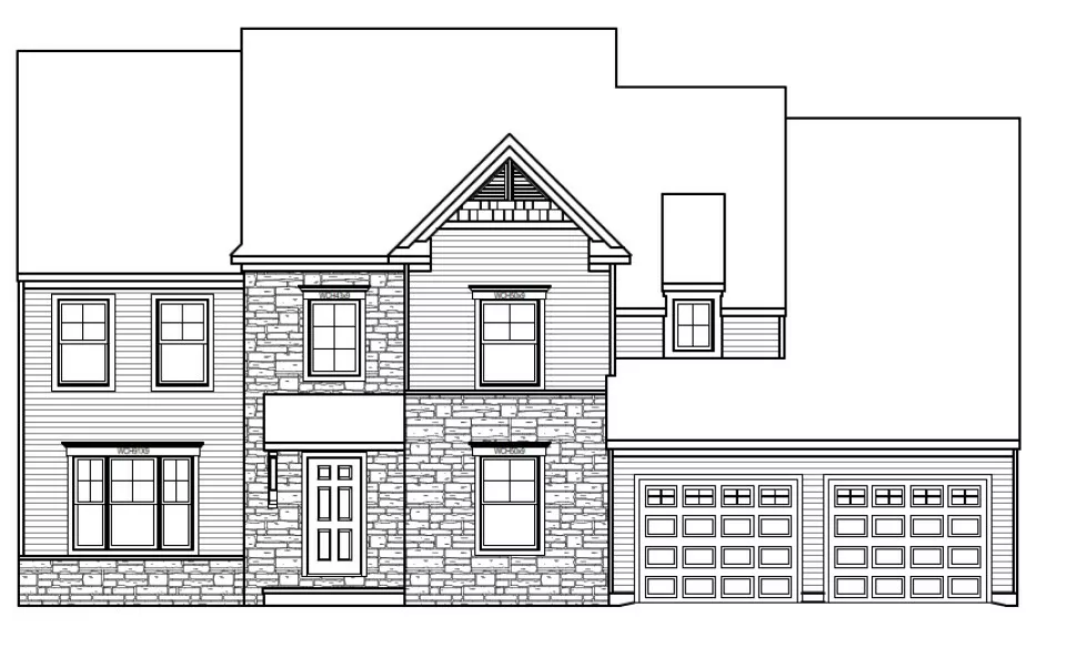Black and white architectural drawing of a two-story house with a covered entry, stone facade, multiple windows, and a three-car garage on the right. The roof has several sections and gables.