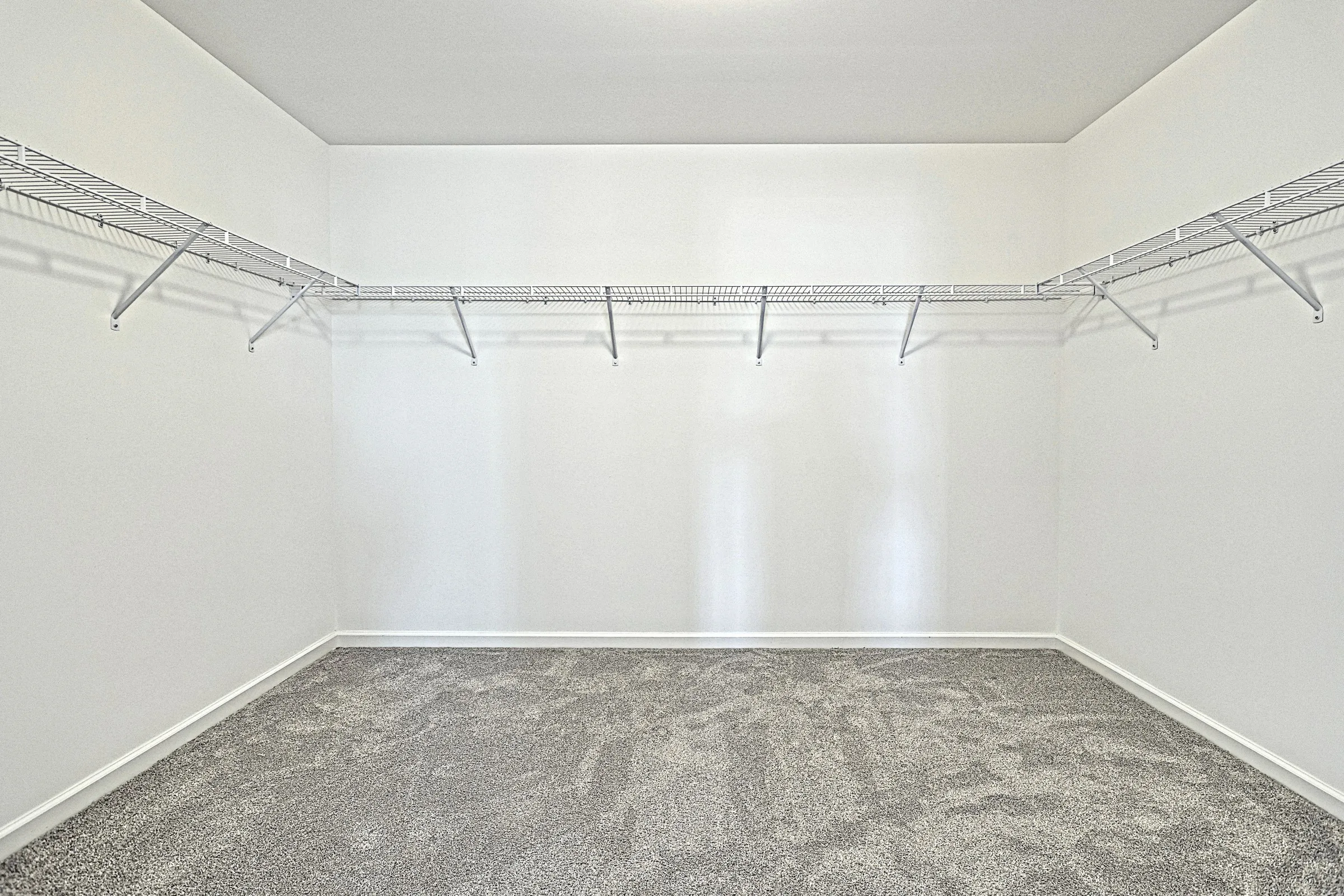 Empty walk-in closet with white walls, gray carpeted floor, and white wire shelving installed along two walls. The closet is well-lit with no furniture or items inside.