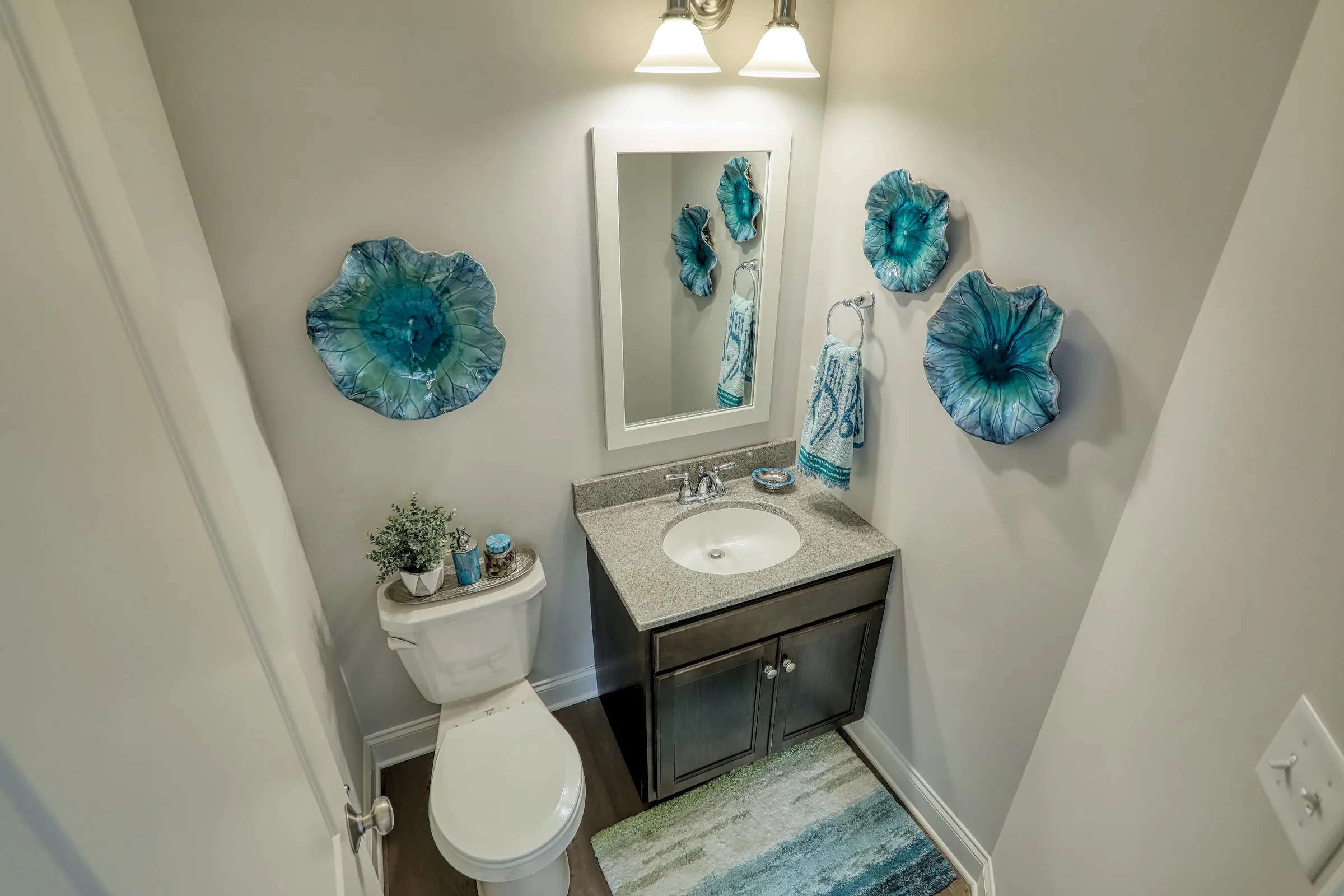 A small bathroom with a toilet, sink, and mirror. The decor includes blue and teal flower wall art, a matching towel, potted plants on the toilet tank, and a blue-green striped rug on the floor. Two lights are above the mirror.