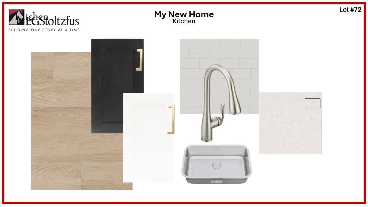 A kitchen mood board featuring light wood flooring from Edison Classic, black and white cabinet samples with gold handles, subway tile backsplash, light quartz countertop, stainless steel sink, and brushed nickel faucet.