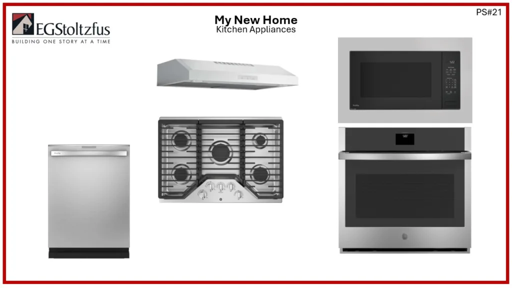 A selection of stainless steel kitchen appliances, as seen in Glen Mary Heritage and Parkside homes, including a dishwasher, range hood, gas cooktop, microwave, and oven—displayed against a white background with the EGStoltzfus logo.