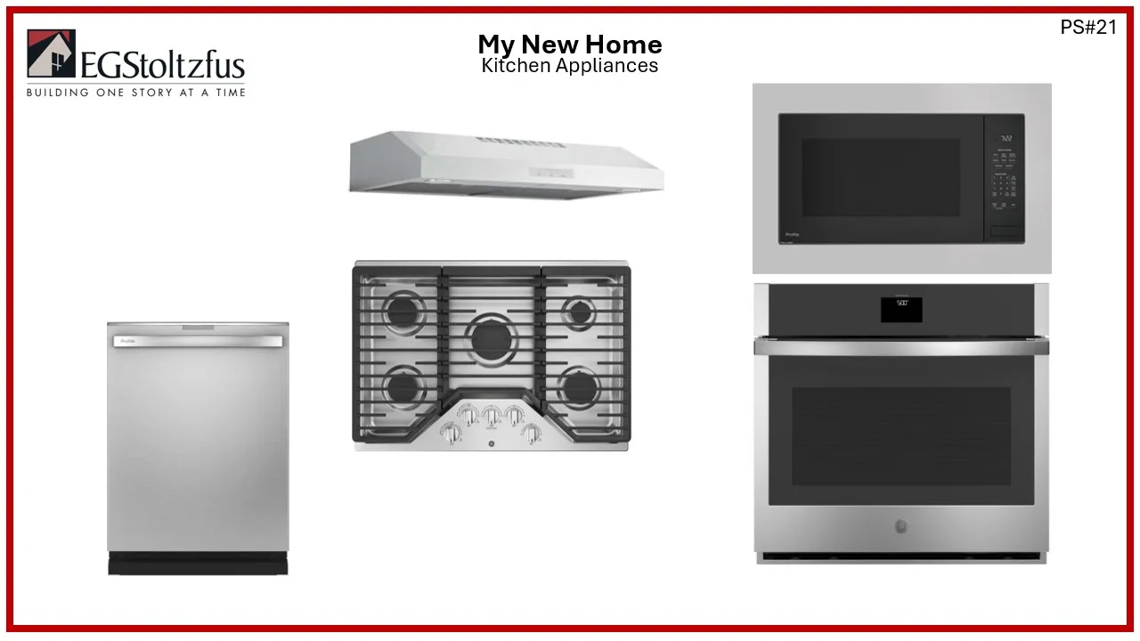 A selection of stainless steel kitchen appliances, as seen in Glen Mary Heritage and Parkside homes, including a dishwasher, range hood, gas cooktop, microwave, and oven—displayed against a white background with the EGStoltzfus logo.