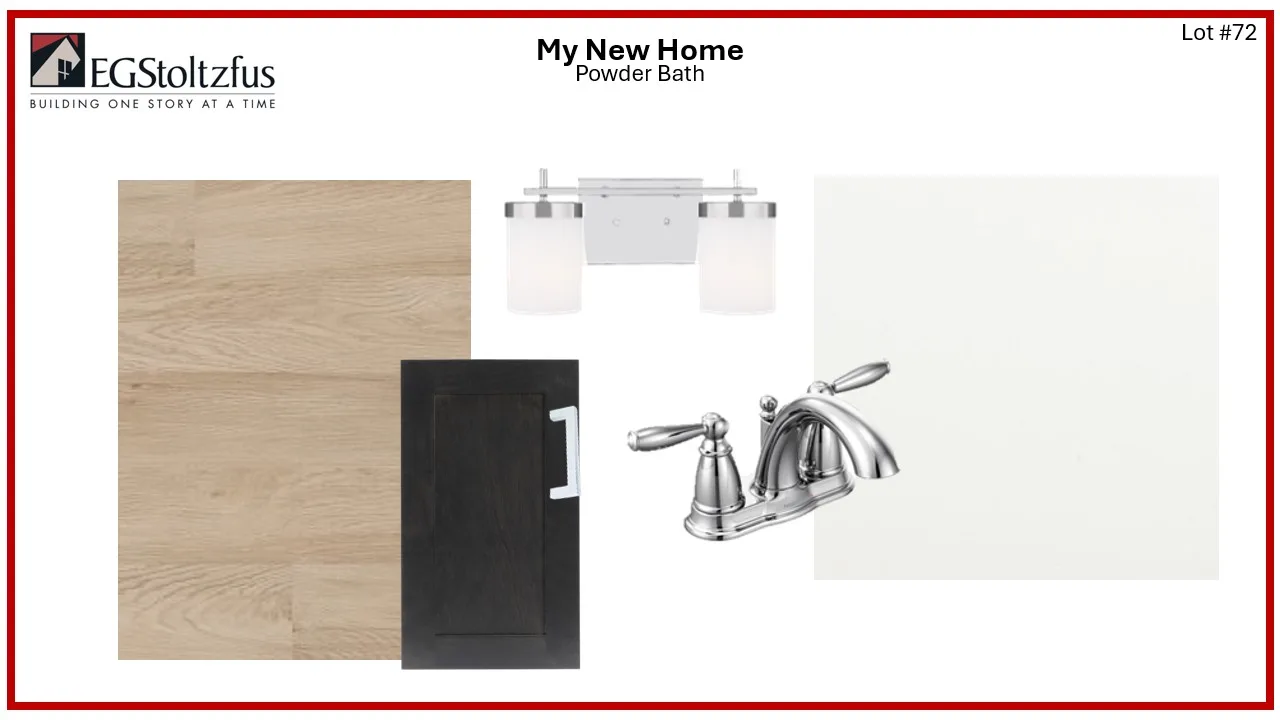 A design board for a powder bath featuring light wood and white surfaces, an Edison Classic black cabinet door with a silver handle, a chrome faucet, a wall light with two frosted glass shades, and a plain white rectangle inspired by Spring Meadow Reserve.