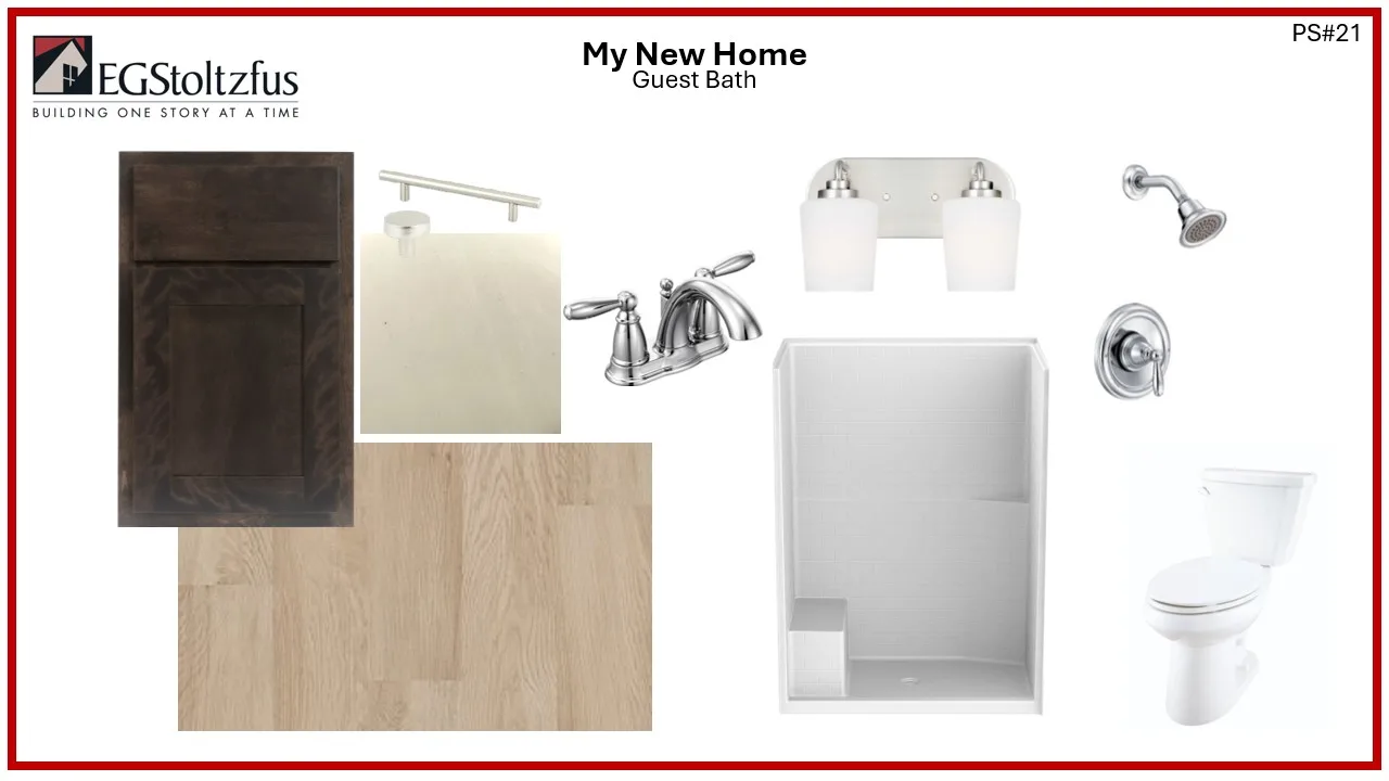 A guest bathroom design board inspired by Parkside, featuring dark cabinetry, a light beige countertop, chrome fixtures, light wood flooring, a white shower and toilet, and modern lighting above the sink.