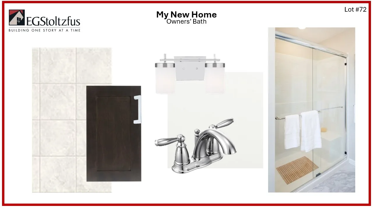Mood board for a bathroom includes beige floor tiles from Spring Meadow Reserve, a dark wood cabinet door, a chrome faucet, an Edison Classic chrome light fixture with two frosted shades, and a glass shower door with a towel bar.