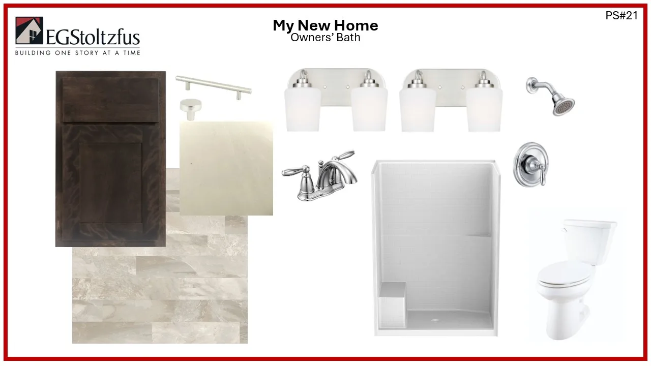 Collage showing Glen Mary Heritage bathroom design elements: dark wood cabinet, beige countertop, beige floor tile, silver drawer pull, light fixture, faucet, showerhead, control panel, white shower stall, and Parkside white toilet.