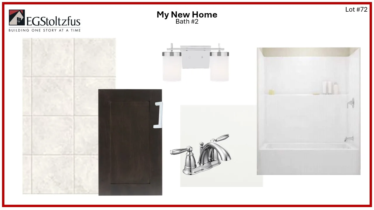 A bathroom design board for Spring Meadow Reserve featuring beige floor tiles, a dark wood cabinet door, a chrome faucet, a white bathtub with shower, and a modern two-light wall sconce. Labeled My New Home Bath #2 by EGStoltzfus.