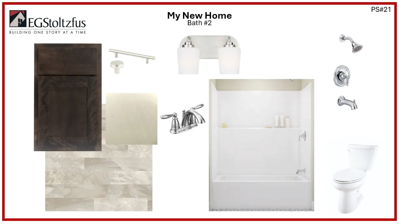 A bathroom design board labeled My New Home Bath #2 features Glen Mary Heritage cabinet, tile, and countertop samples, plus images of Parkside light fixtures, faucet, towel bar, shower and tub, toilet, and showerhead in neutral tones.