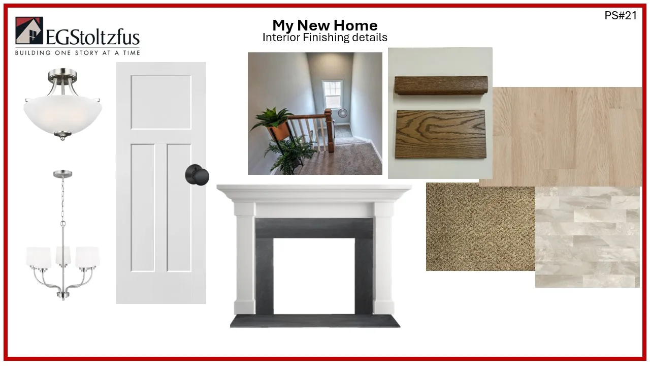 A mood board titled “My New Home Interior Finishing details” features Glen Mary Heritage light fixtures, a white door, staircase, Parkside wood flooring samples, beige carpet swatches, and a sleek gray fireplace design.