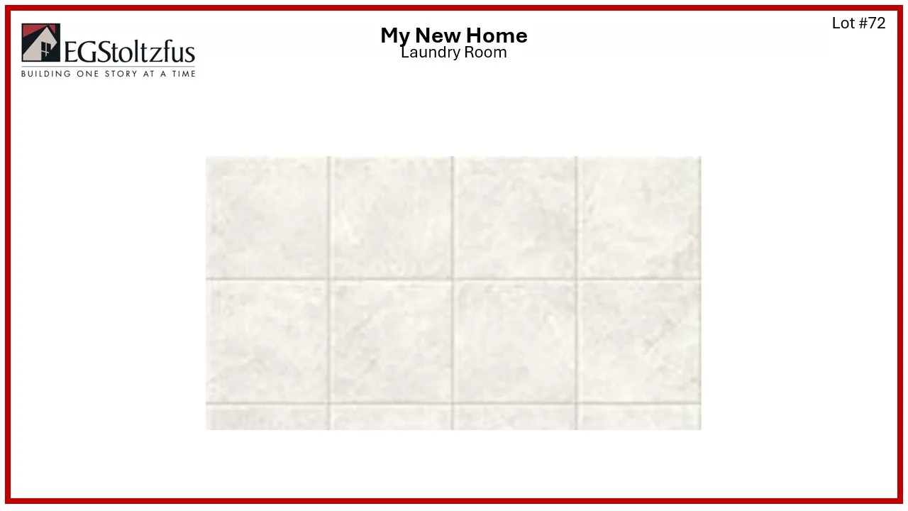 A sample of light beige ceramic floor tiles, like those in the Edison Classic collection, arranged in a 3x4 grid as a flooring option for the laundry room in a new Spring Meadow Reserve home. EGStoltzfus logo and “My New Home Laundry Room” appear above.