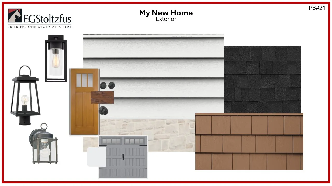 A design board labeled My New Home Exterior showcases the Parkside or Glen Mary Heritage style with white siding, black roof shingles, tan shingles, a stone accent, wood front door, gray garage door, four outdoor lights, and the EGStoltzfus logo.