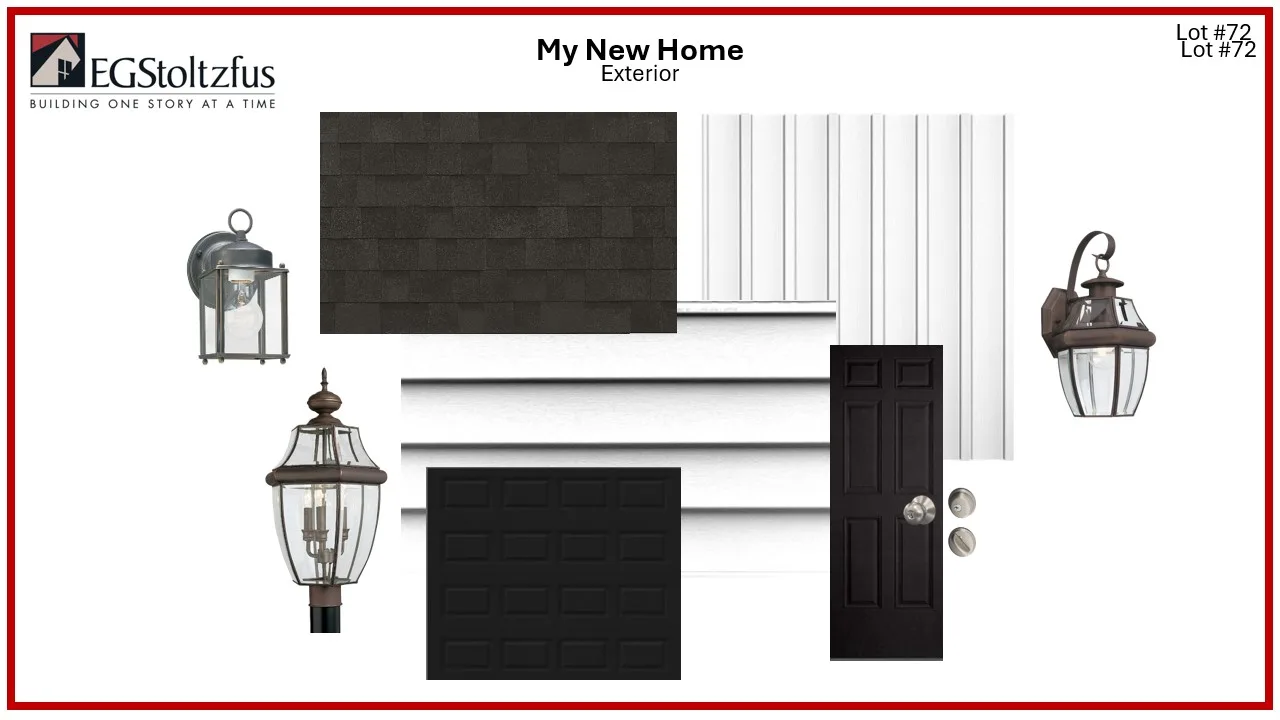 A collage showing exterior home design elements from Spring Meadow Reserve: black shingles, white vertical and horizontal siding, a black garage door, a black front door with silver hardware, and three Edison Classic outdoor lantern-style light fixtures.