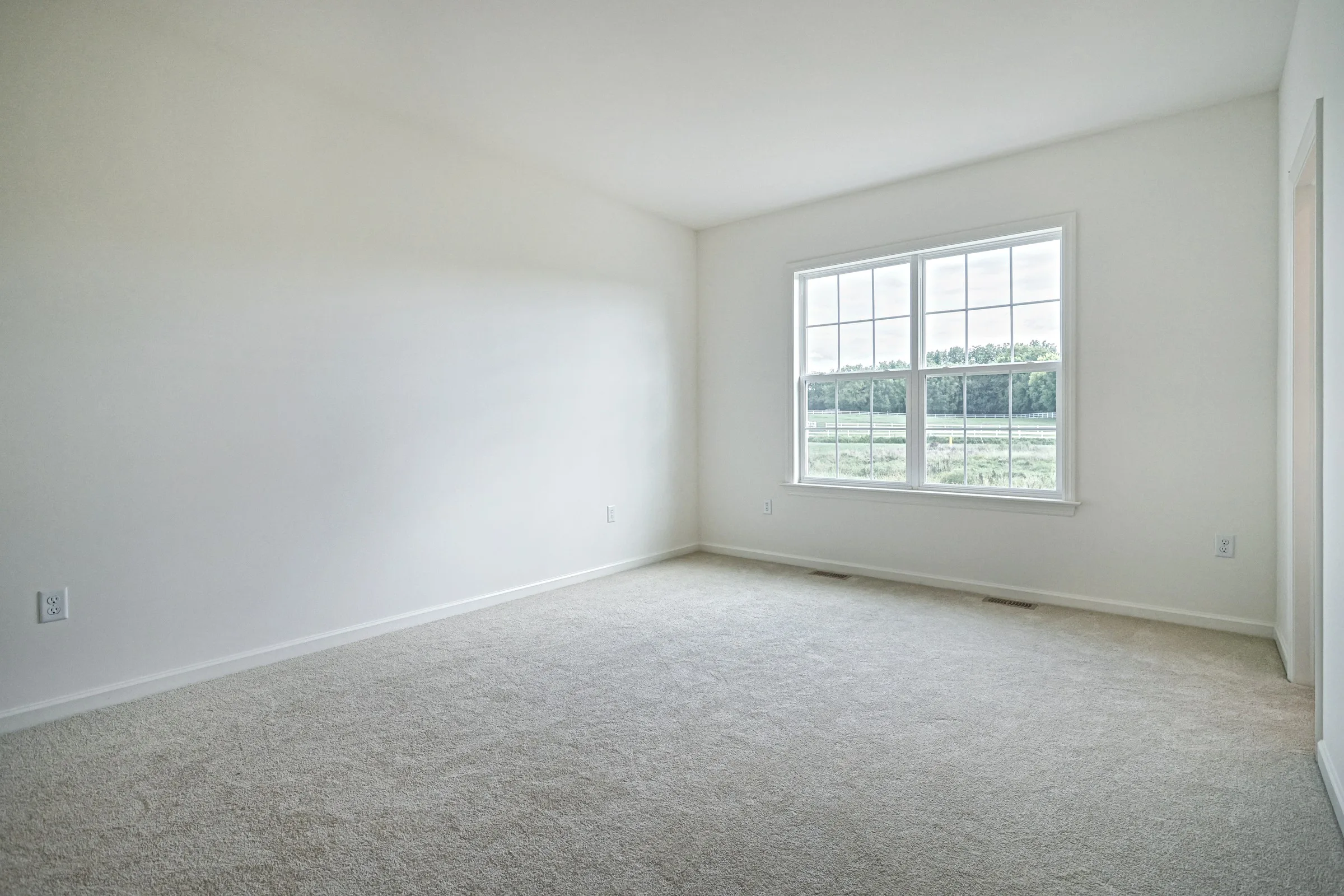 An empty room with light-colored carpet, white walls, and a large window letting in natural light, overlooking green grass and trees outside.